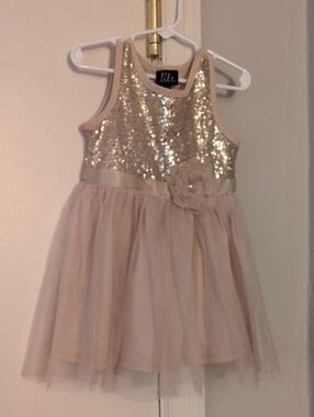 lilt Pink Champagne Sequin Tulle Dress with Floral Sash